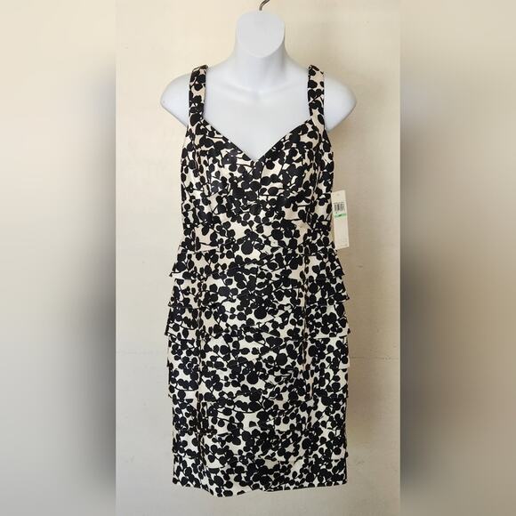 LONDON TIMES Black and White Floral Satin Layered Dress Size 8P - Picture 2 of 11